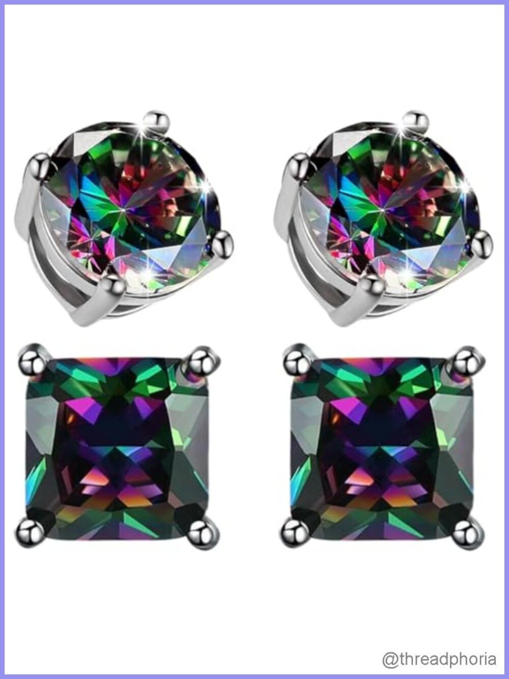 2 Pairs 18K White Gold Plated CZ Earrings Round Square Stud Hypoallergenic